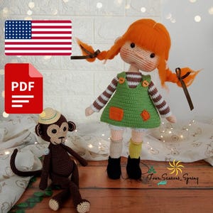 May include: Crochet pattern PDF for a girl doll with orange hair and a green dress, and a brown monkey wearing a hat. The pattern is available in English. The image includes the text "Four Seasons Spring".