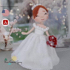Op de afbeelding: Gehaakte bruidspop in witte jurk, sluier en rood-wit boeket. De pop heeft rood haar en een tiara. De tekst "Four Seasons Spring" is zichtbaar. Moeilijkheidsgraad: Gemiddeld.