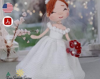 手作り人形　花嫁￼ かぎ針編みの花嫁人形パターン、着脱可能な服が付いた9インチの人形