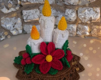 Decoración de vela amigurumi hecha a mano en PDF, centro de mesa con vela de crochet, adorno de mesa festivo, decoración del hogar de invierno