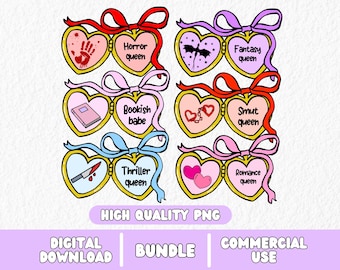 Bookish Trendy Stickers Png Bundle, Love Heart Locket Necklace, Sticker Kindle Reading, Laptops & Tshirts, Booktok Girl Reading Books Girlie