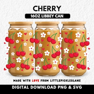 Opakowanie na puszkę 16 uncji z motywem wiśni, szklanki Libbey Cup, kokietka z wiśniami, sublimacja UVDTF, pobieranie cyfrowe w formacie SVG PNG