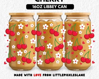 Cherry 16oz Tumbler Can Wrap, Libbey Cup Glasses, Cherries Coquette, Sublimation UVDTF Design, Digital Download SVG PNG