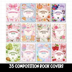 May include: A collection of twelve rectangular composition book covers featuring various illustrated themes including pink bows, berries, autumn leaves, teddy bears, garden tools, roses, kiwi fruit, macarons, seashells, and cherries, each with a central label.