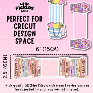 May include: A sticker sheet with a pink background and book-themed designs. The sheet includes a bookshelf, a striped tote bag with books, and text that reads "PERFECT FOR CRICUT DESIGN SPACE". The sticker sheet is 15cm wide and 6cm tall.