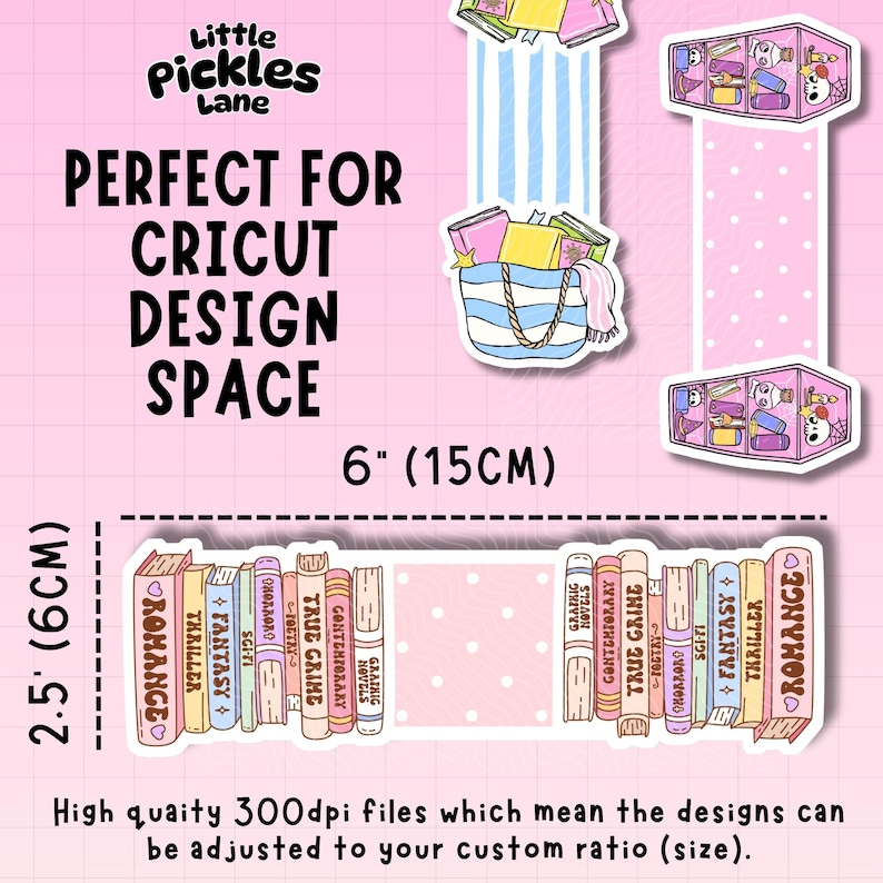May include: A sticker sheet with a pink background and book-themed designs. The sheet includes a bookshelf, a striped tote bag with books, and text that reads "PERFECT FOR CRICUT DESIGN SPACE". The sticker sheet is 15cm wide and 6cm tall.