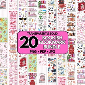 Könnte beinhalten: Ein Bundle von 20 Lesezeichen mit Buchmotiven und verschiedenen Designs. Die Lesezeichen zeigen Illustrationen von Büchern, Herzen, Fledermäusen und Texten wie "I read books for the plot... and by plot I mean smut." Verfügbar in PNG-, PDF- und JPG-Formaten.
