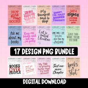 Könnte beinhalten: Eine digitale Sammlung von 17 Bibliothekskartendesigns mit verschiedenen buchbezogenen Zitaten in unterschiedlichen Farben und Schriftarten. Die Karten enthalten Sprüche wie Hot girls read books und Books over people als ein Set.