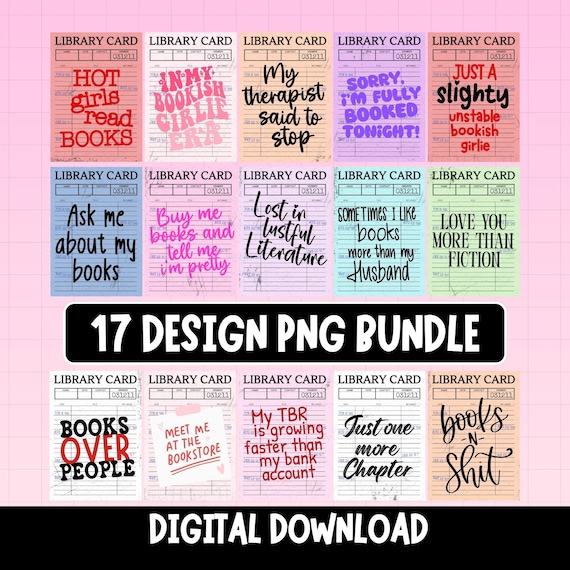 Library Card Stickers Bookish Quote Bundle PNG, Book Girly Quotes Printable Sticker, Digital Download PNG Stickers Bundles