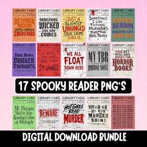May include: A collection of seventeen digital library card designs featuring various horror and true crime themed text. Each card includes lines and headers, with some designs incorporating blood splatter effects and diverse typography in multiple colors.