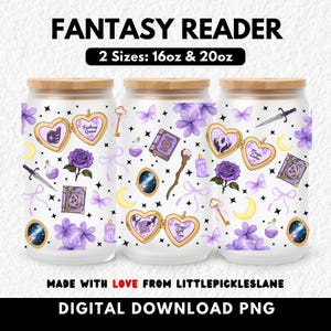 Fantasy Bookish Girl 16 oz 20 oz Libbey Glass Can Wrap PNG, Dragon Book Lover, Tumbler Sublimation UVDTF Design, Romantasy Heart Locket Books