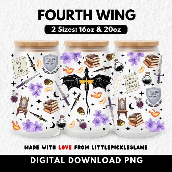 Fourth Wing Tumbler Wrap 16oz 20oz Libbey Glass Can PNG, Bookish Fantasy Book Lover, Cup Sublimation UVDTF Design, Dragon Trending Booktok
