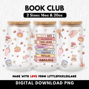 Diseño PNG para envolver latas de vidrio Libbey de 16 oz y 20 oz del Club de Lectura Acogedor, diseño para sublimación UVDTF, diseños populares de Booktok, para chicas lectoras.