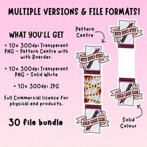 Puede incluir: Un paquete de archivos digitales con gr&aacute;ficos de Cold Case Club que incluyen un cuchillo, una etiqueta de evidencia y patrones de cinta de escena del crimen. El texto incluye MULTIPLE VERSIONS & FILE FORMATS!, WHAT YOU'LL GET, Pattern Centre y Solid Colour.