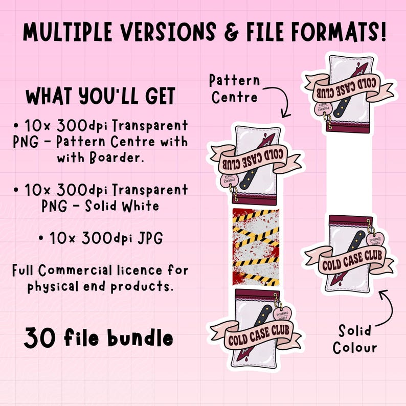 Puede incluir: Un paquete de archivos digitales con gr&aacute;ficos de Cold Case Club que incluyen un cuchillo, una etiqueta de evidencia y patrones de cinta de escena del crimen. El texto incluye MULTIPLE VERSIONS & FILE FORMATS!, WHAT YOU'LL GET, Pattern Centre y Solid Colour.