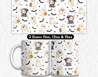Tazza con stampa a sublimazione Kawaii Ghost PNG, design carino per tazza da caffè con fantasmi di Halloween, spettrale e inquietante Halloweener alla moda digitale 11 oz 12 oz 15 oz
