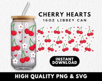 Cherry Heart Flowers 16oz Glass Can Wrap | Libbey Cans | Cute Cherries PNG SVG Tumbler Cup Wraps | Sublimation UVDTF Design | Summer Fruits