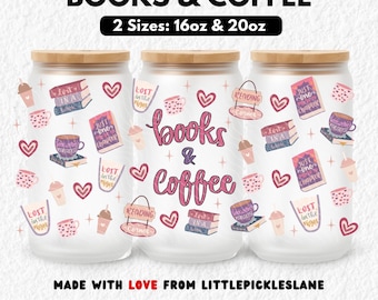 Books Coffee Reader 16oz Glass Can Tumbler Wrap PNG, Libbey Cans, Bookish Cup Wraps, Sublimation UVDTF  Design, Cosy Reading Book Girl