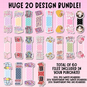 May include: A set of 20 bookmark designs with illustrations of books, gifts, and other decorative elements. The image includes the text "HUGE 20 DESIGN BUNDLE!" and "TOTAL OF 60 FILES INCLUDED IN YOUR PURCHASE!"