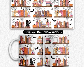 Puede incluir: Una taza de cerámica blanca con un diseño temático de Halloween que presenta estanterías, fantasmas, calabazas y murciélagos. El diseño incluye el texto "DIGITAL DOWNLOAD PNG" y "3 Sizes: 11oz, 12oz & 15oz". La parte superior de la imagen dice "MADE WITH LOVE FROM LITTLEPICKLESLANE".