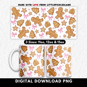 May include: White ceramic mug with a repeating pattern of gingerbread men, Christmas trees, stars, and pink bows. The mug is decorated with a festive design, perfect for the holiday season. The text "DIGITAL DOWNLOAD PNG" is at the bottom.