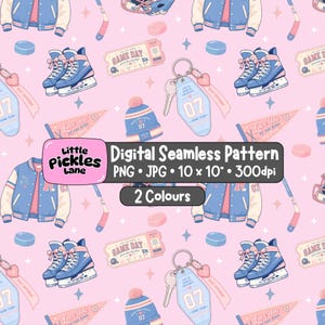 Può includere: Un motivo digitale senza cuciture su sfondo rosa chiaro con pattini da ghiaccio blu, giacche varsity, mazze da hockey, dischi, gagliardetti con il testo 'Love You TO THE RINK', portachiavi e berretti. Testo: 'Little pickles lane Digital Seamless Pattern PNG JPG 10 x 10 300dpi 2 Colours'.