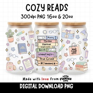 May include: Clear glass tumblers with bamboo lids, decorated with book-themed illustrations. The text "COZY READS" is at the top. The tumblers feature images of books, flowers, and reading accessories. The text "DIGITAL DOWNLOAD PNG" is at the bottom.
