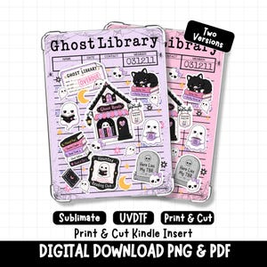 Könnte beinhalten: Zwei digitale Kindle-Einlagen mit hellviolettem Hintergrund, Gittermuster, Spinnweben und verschiedenen Aufklebern wie einem Spukhaus, Geistern, einer schwarzen Katze auf Büchern und Grabsteinen. Der Text enthält Ghost Library und Two Versions.