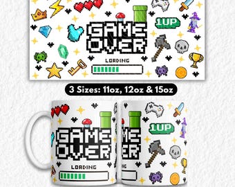 Gamer Mug Wrap sublimation PNG, tasses à café jeux vidéo, jeu rétro jeu terminé, conceptions de jeux d'arcade Pixel Art, cadeaux garçon geek drôle