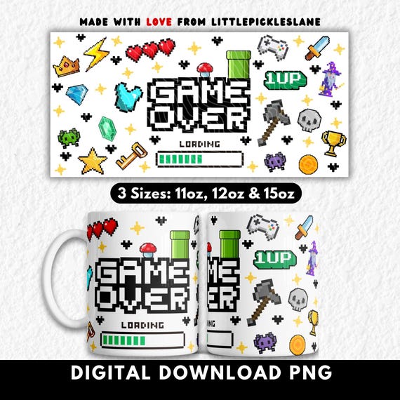 Gamer Mug Wrap Sublimation PNG, Video Games Coffee Cup Mugs, Retro Gaming Game Over, Pixel Art Arcade Game Designs, Boy Geek Gifts Funny