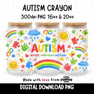 May include: Three glass jars with wooden lids, decorated with colorful autism-themed illustrations. The jars feature rainbows, puzzle pieces, butterflies, and the word "AUTISM" with the phrase "accept, understand and love". Text at the top reads "AUTISM CRAYON".