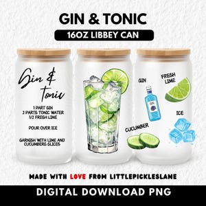 May include: Three 473ml Libbey can-shaped frosted glasses with bamboo lids. The design features the text Gin & Tonic, a recipe, a glass of gin and tonic, a bottle of gin, lime wedges, cucumber slices, and ice cubes with labels.