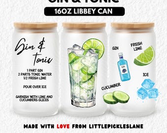 Gin Cocktail Bar Menu 16oz Tumbler Can Wrap, Libbey Cup Cans, Watercolor G&T Drinks Sublimation UVDTF Design, Digital Download PNG