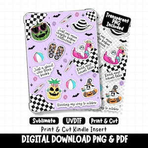 May include: A digital Kindle insert design featuring a light purple background with a black and white checkered pattern at the corners. Stickers include a jack-o'-lantern, ghosts in pool floats, knives, and text reading Just one more chapter before halloween.