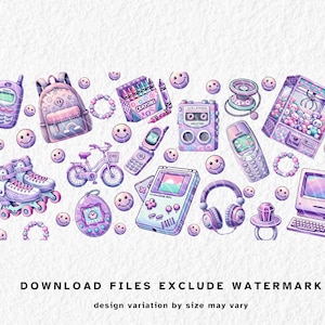 May include: Watercolor illustration of various 90s-themed items in shades of purple and pink. Includes a backpack, roller skates, a bicycle, a Tamagotchi, a cassette player, a Game Boy, a computer, and smiley faces.