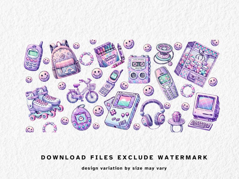 May include: Watercolor illustration of various 90s-themed items in shades of purple and pink. Includes a backpack, roller skates, a bicycle, a Tamagotchi, a cassette player, a Game Boy, a computer, and smiley faces.