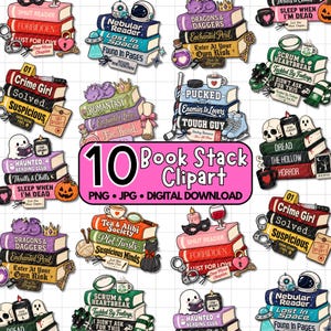 Pode incluir: Uma coleção digital de 10 designs de clipart de pilhas de livros com vários temas como romance, terror e ficção científica. Cada pilha inclui livros coloridos com títulos e elementos decorativos como caveiras, dragões e artigos esportivos para download.