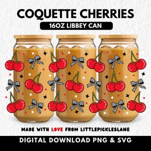 Cherry Bows 47 cl tumblerburkwrap, Libbey-burkar, körsbärsmuggwraps, sublimerings-UVDTF-design, rutig kokett, digital nedladdning PNG och SVG