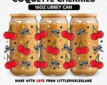 Cherry Bows 16オンス タンブラー缶ラップ、Libbey缶 チェリーカップラップ、昇華UVDTFデザイン、チェック柄コケット、デジタルダウンロード PNG & SVG