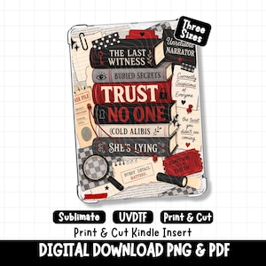 Könnte beinhalten: Ein rechteckiger Kindle-Einsatz mit einem Stapel Bücher, die Titel wie The Last Witness, Buried Secrets, Trust No One, Cold Alibis und She's Lying tragen. Das Design enthält eine Lupe, ein rotes Ticket und Textnotizen auf cremefarbenem Grund.