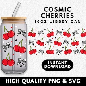 Envoltorio para lata de vidrio de 16 oz con lazos de cereza, latas Libbey, adorables envoltorios para vasos de cerezas PNG SVG, diseño de sublimación, verano, estrella de cuadros