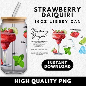 Watercolor Cocktail Recipe 16oz Glass Can Wrap, Strawberry Daiquiri Clipart, Sublimation UVDTF Design, Bar Cart Menu Signature Drinks