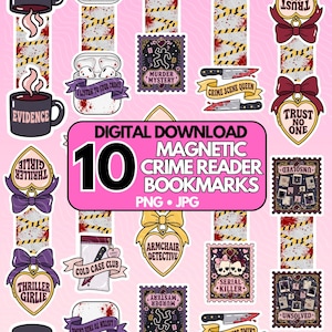 Puede incluir: Una colecci&oacute;n de 10 marcap&aacute;ginas magn&eacute;ticos digitales con temas de cr&iacute;menes reales. Los dise&ntilde;os incluyen tazas con la palabra EVIDENCE, cuchillos, dijes en forma de coraz&oacute;n con textos como TRUST NO ONE y THRILLER GIRLIE, y sellos ilustrados.