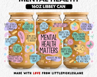 Diseño para vaso térmico de 473 ml (16 oz) con mensajes sobre salud mental, Libbey Cans, afirmaciones diarias para combatir la ansiedad, diseño para sublimación UVDTF, descarga digital PNG SVG