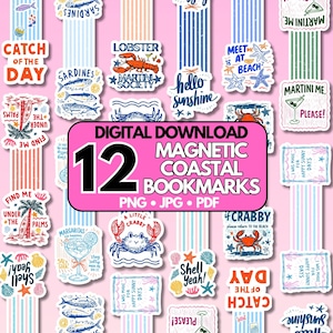 May include: A collection of 12 digital download magnetic coastal bookmarks. The bookmarks feature various beach-themed illustrations, including crabs, lobsters, fish, and cocktails, with phrases like "Hello Sunshine" and "Catch of the Day."