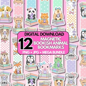 Magnetic Printable Bookmark Animals, Bookish Cute Bubble Tea Animal Printables, Bookmarks Designs Bundle, Cricut Digital Download PNG JPG