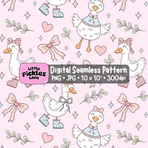 May include: A digital seamless pattern featuring white geese with orange beaks wearing patterned boots and bows on a light pink background with hearts, leaves, and stars. Text reads: Little Pickles Lane Digital Seamless Pattern PNG JPG 10 x 10 300dpi.