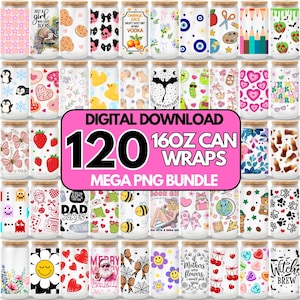 May include: A collection of 120 digital 16oz can wrap designs featuring diverse patterns including flowers, hearts, animals, food, holiday themes, and text-based graphics. The bundle is presented as a digital download for glass can cups.