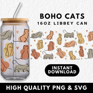 Boho Cats 16oz Glass Can Wrap, Libbey Beer Cans, Sublimation Tumbler Design, Cat Lover Gifts , Cat Design Png, Cats SVG, UVDTF