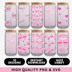 Coquette Pink Bow Ribbon 16oz Glass Can Wrap, Libbey Cans Glass, Girlie Bows SVG, Girl Tumbler Cup Wraps, Cute Girly Bows Ribbons Png Bundle